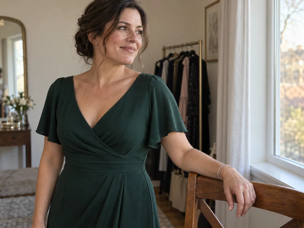 AI-generated adult model in a green dress wearing a fine silver-tone crystal bracelet near a window